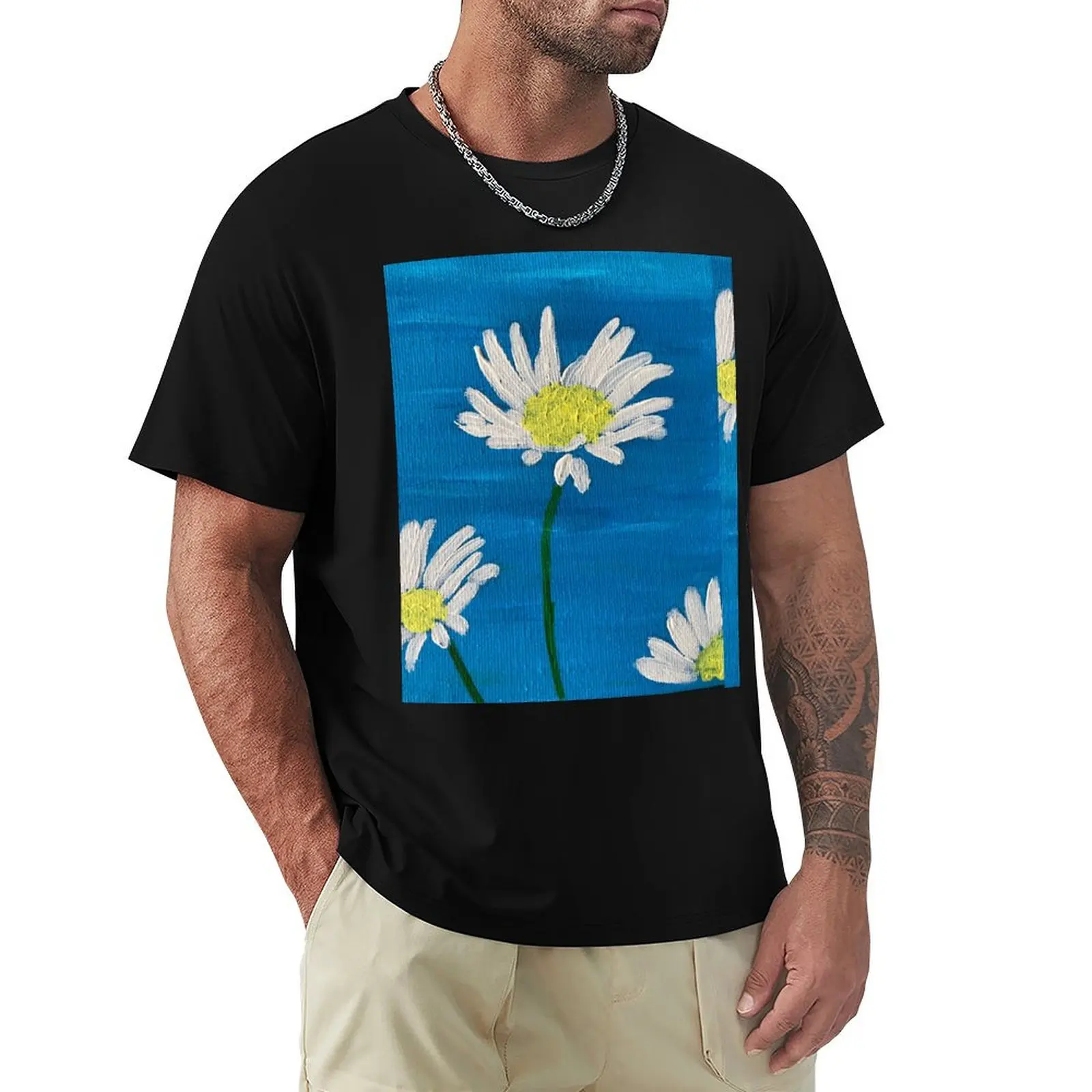 White daisies on blue T-Shirt oversizeds quick drying workout shirts for men