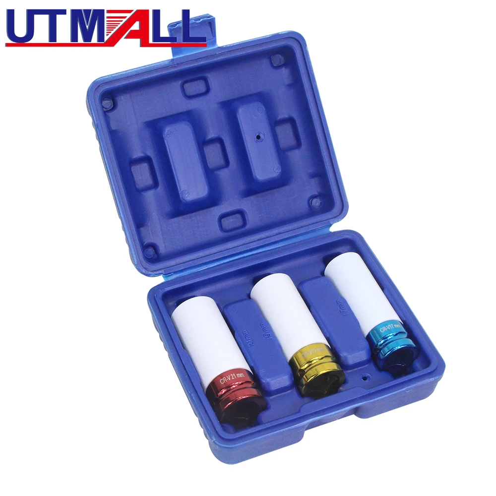 1/2'' 3Pcs Alloy Sleeve Drive Thin Wall Wheel Deep Impact Nut Remover Socket Set 17mm 19mm 21mm Car Garage Maintain Repair-Tool