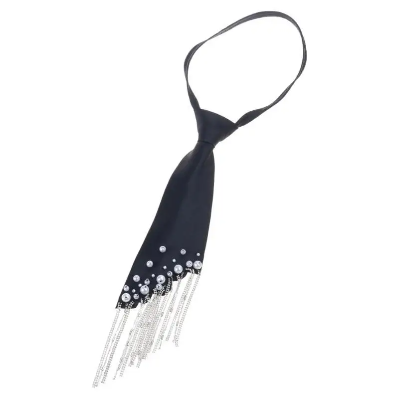 652F ارتداء ربطة عنق سوداء من الحرير مع تفاصيل هامش سوينغ وربطة عنق من اللؤلؤ المقلد لتزيين حفلات الزفاف والمكتب