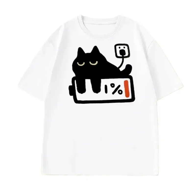 Funny Cat Charging T-shirt for Casual T Shirts Short Sleeved Tees Female Tops Autumn Streetwear Women Clothes Popular
