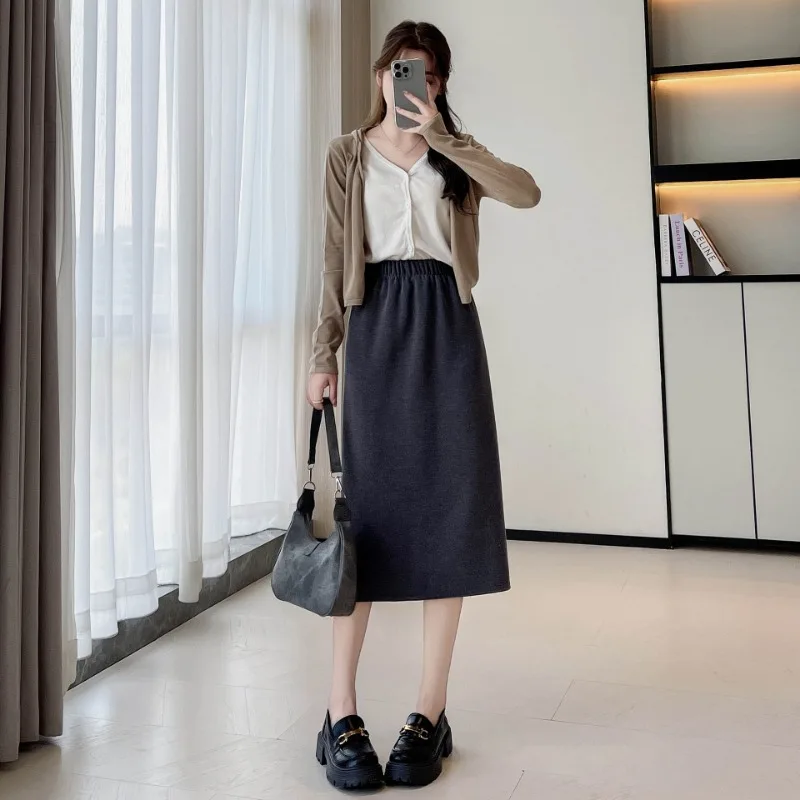High Waist  A- Line Split Midi Skirt Women's New Solid Color Slim Straight Long Skirt Fresh Women Clothing
