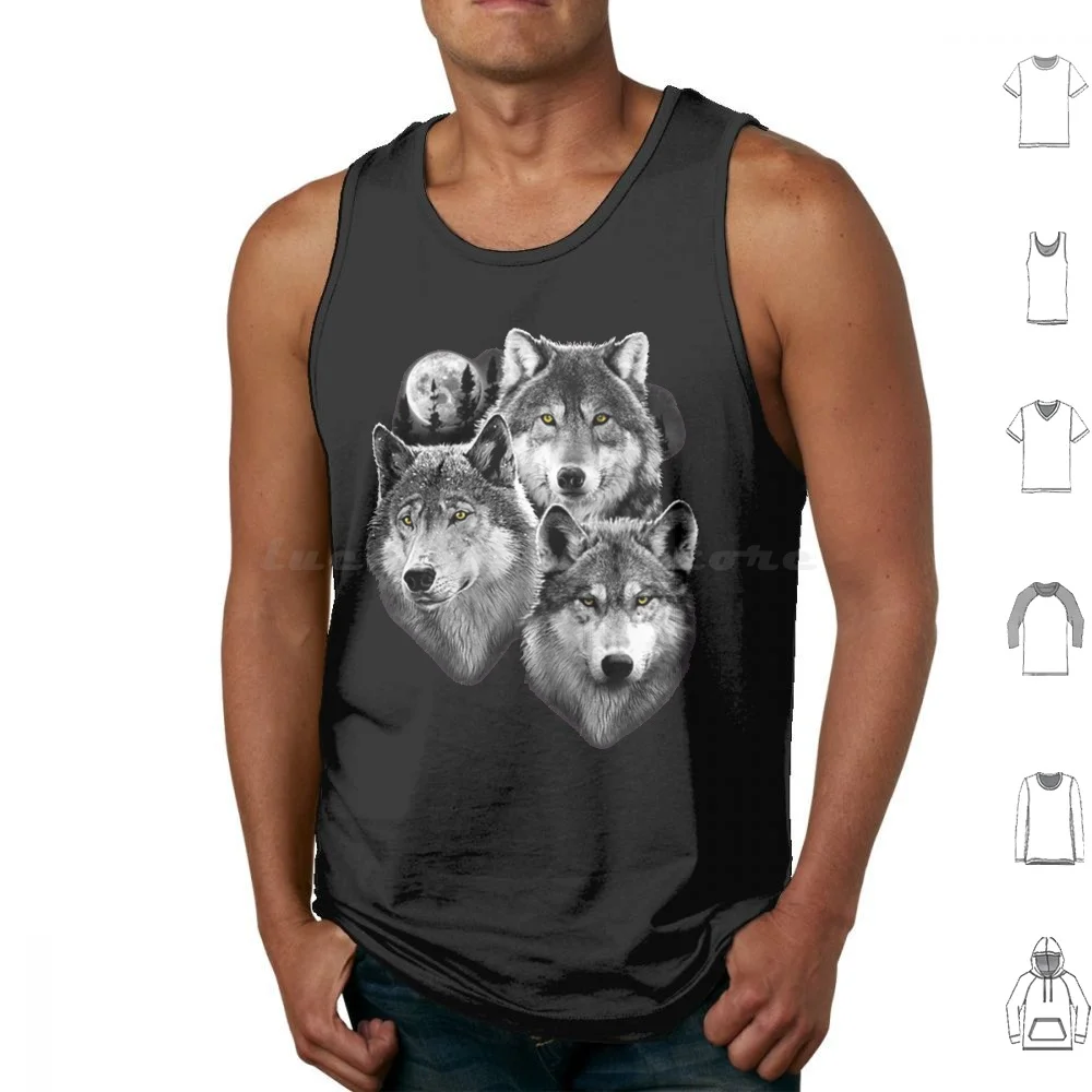 Three Gray Wolves In Moonlight Tank Tops Print Cotton Wolf Wolves Howling Moon Moonlight Nature Wild Night Wildlife