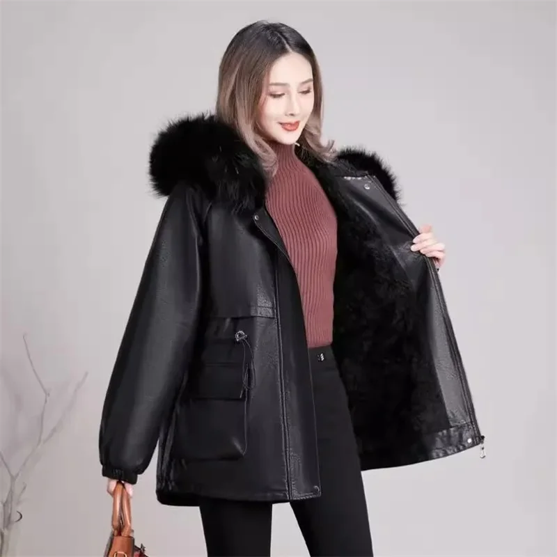 Big Fur Collar PU Leather Coat Women\'s Cotton-Padded Jacket Long 2024Autumn Winter New Parkas Korean Overcome Female Outwear Top