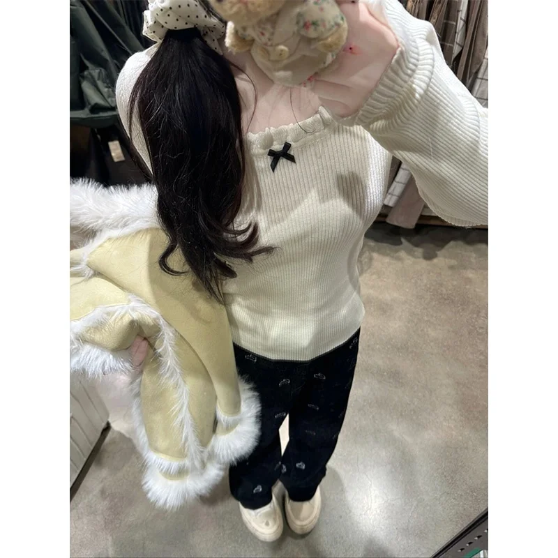 

Ele Sweet Knot Knitted Base irt Women's Autumn Winter Slimming Square Collar Long Sve Inner Wear Top