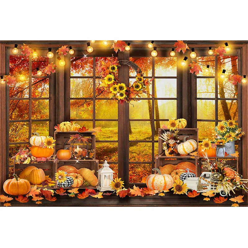 Autumn Photography Background Golden Maple Leaves Covered Ground Fall Pumpkin Wreath Floor Window Decoration Backdrops Photocall