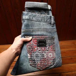 Pattern Embroidered Jeans Men's 2024 Fashionable New Men's Street Stretch Personality Handsome Casual Retro Distressed Trousers