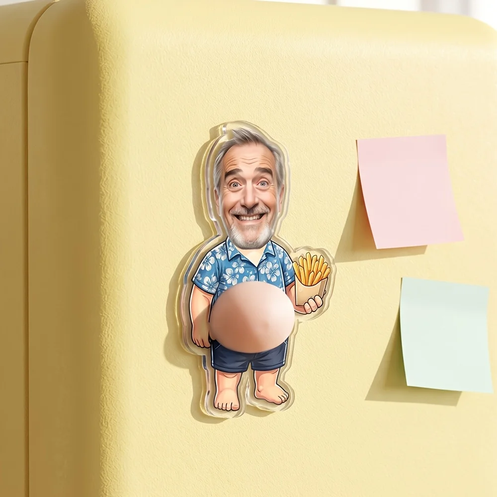 1 personalized squeezable belly refrigerator magnet with customized facial photos, fun cartoon body refrigerator magnet, soft sq