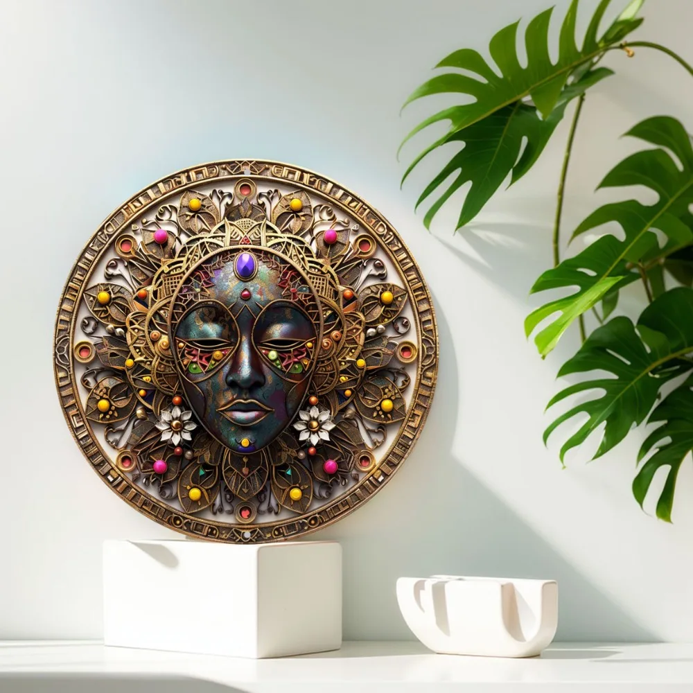 Aluminum Classic African Mask Themed Wall Decor Sign, Round Metal Sign - Weather Resistant, HD Print, High Bending Resistance