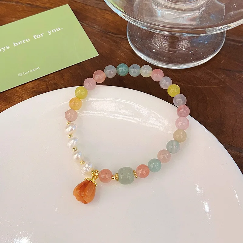 Super Fairy Sweet Fresh Mori Style Colorful Yanyuan Agate Female Ins Love Pendant Temperamental Bracelet