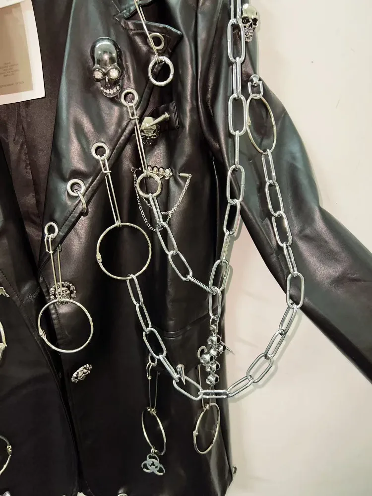 Chaqueta de cuero estilo Roer Hip Hop Punk k Street Performance abrigo de cuero de gato salvaje elemento de cadena de pi...