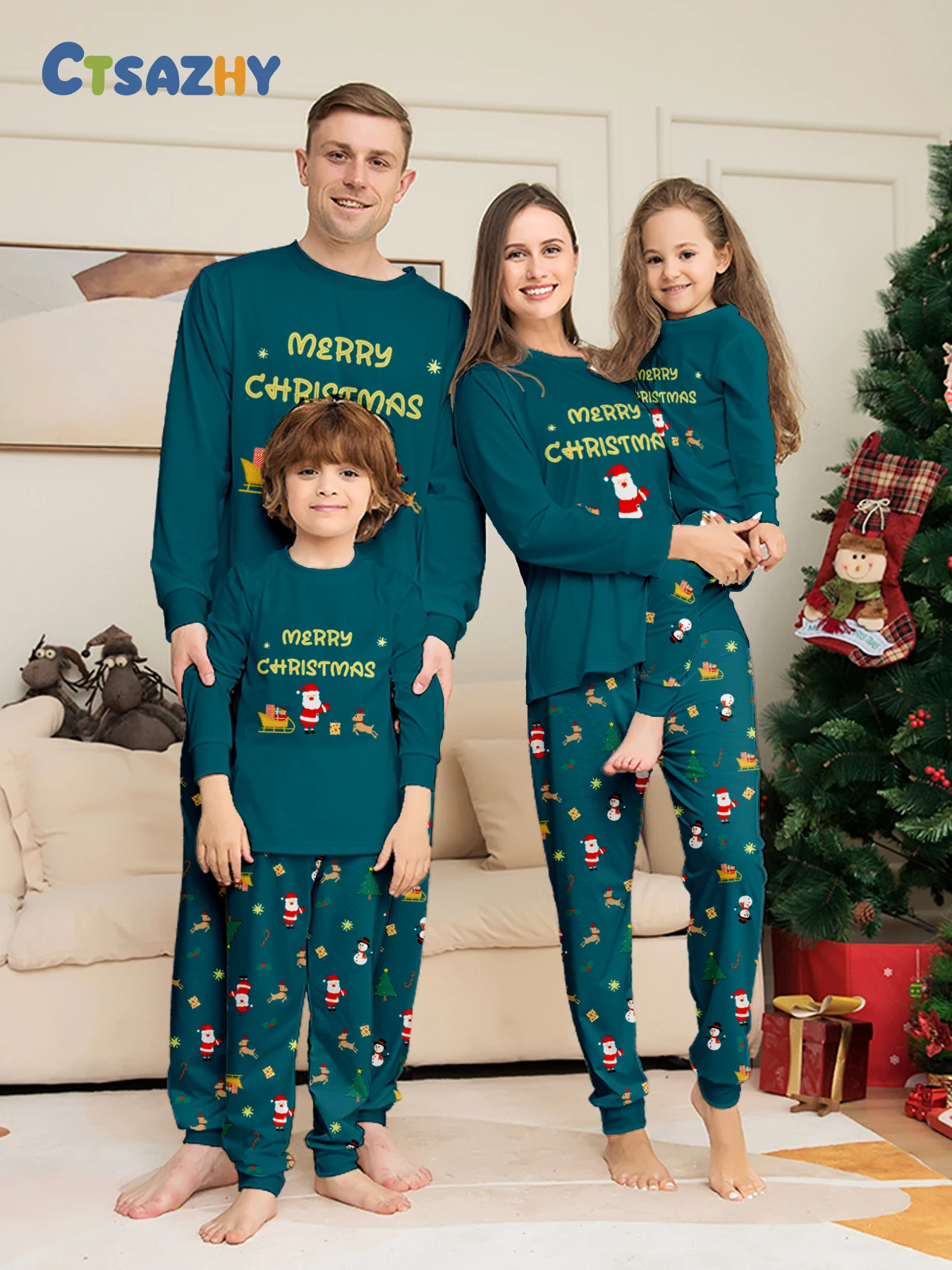 Family Christmas Pajamas Matching Parent-child Sleepwear Green Long Sleeve Santa Print Homewear Xmas Gift Men Women Kids