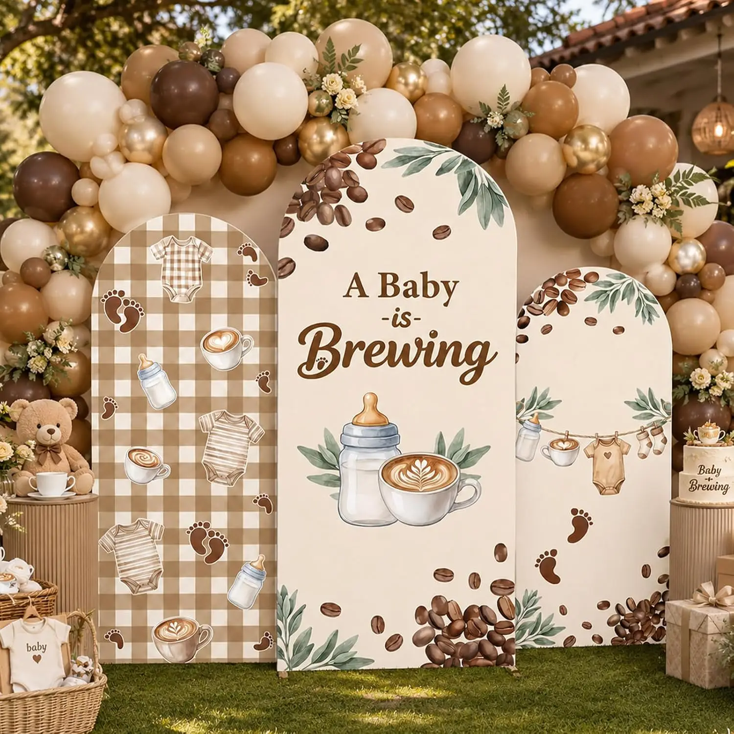 A Baby is Brewing Baby Shower Photo Background Coffee Themed Chiara Arch Covers 2-sided Newborn Gender Reveal Party Backdrop