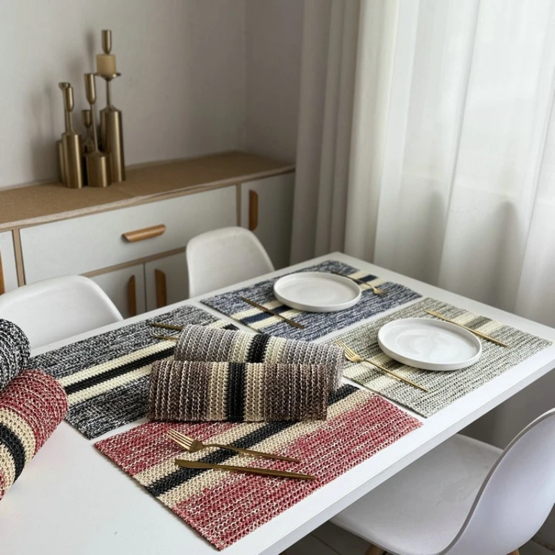 INS-style Paper Rope Woven Placemat, Color-block Holiday Decorative Mat Creative Paper and Jute Blended Heat-resistant Table Mat