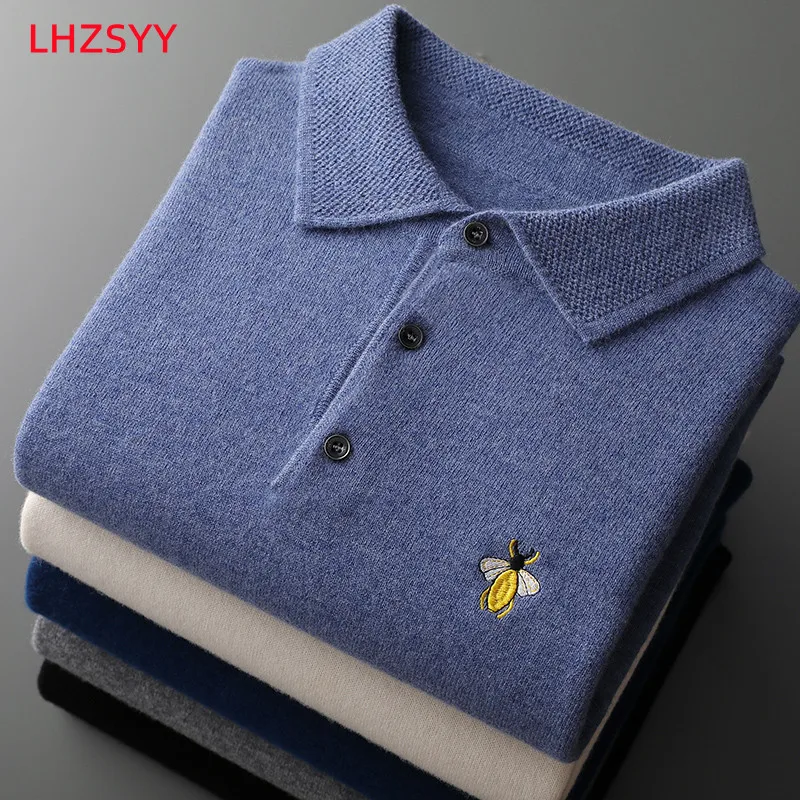 LHZSYY Men's Cashmere Sweater Lapel Pullovers Autumn Winter New100%Pure Wool POLO Collar Tops Embroidered Large Size Base Shirt