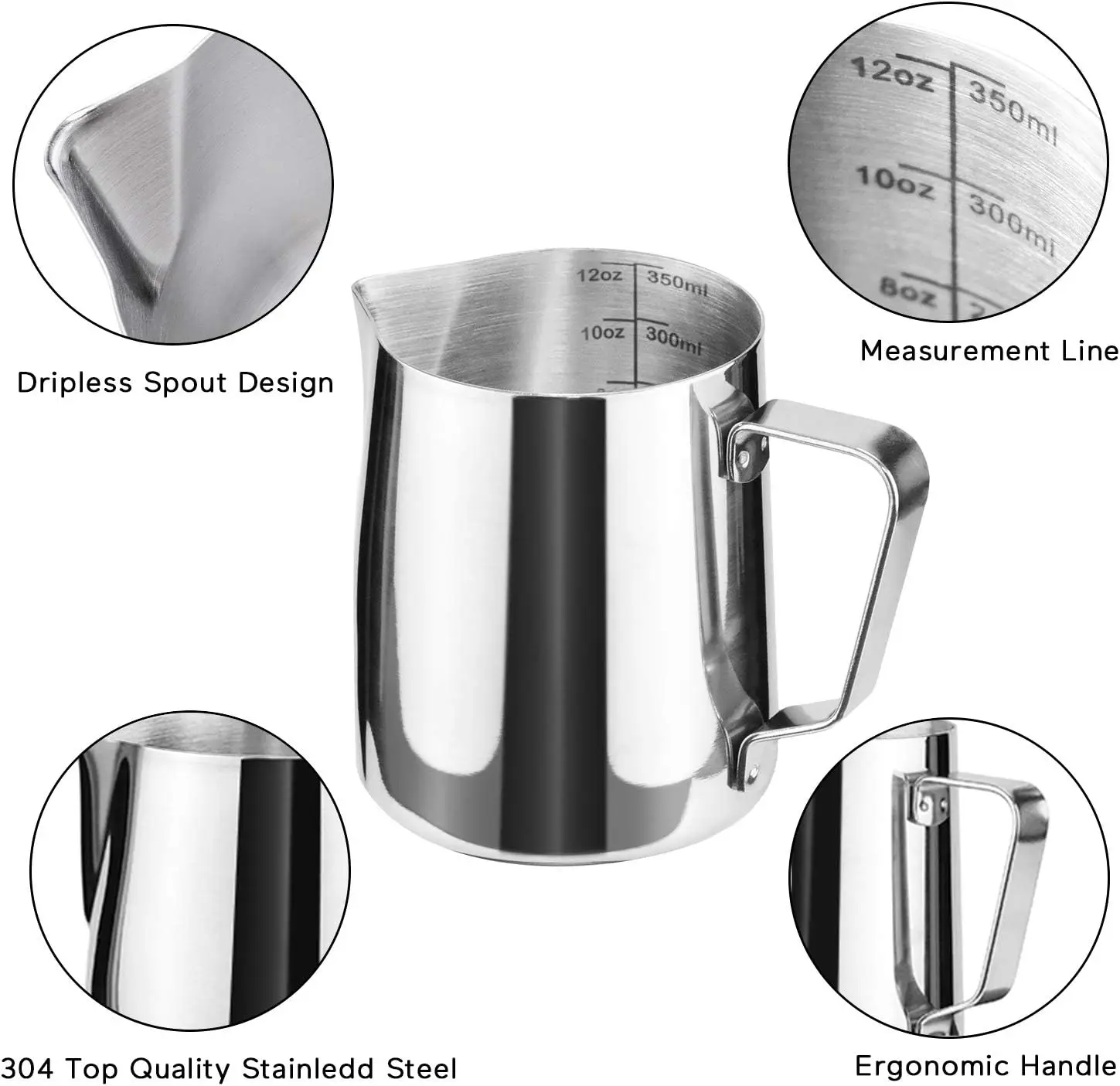 Stainless Steel Milk Frothing Jug Silver Frother Coffee Latte Container Metal Pitcher Barista Cup