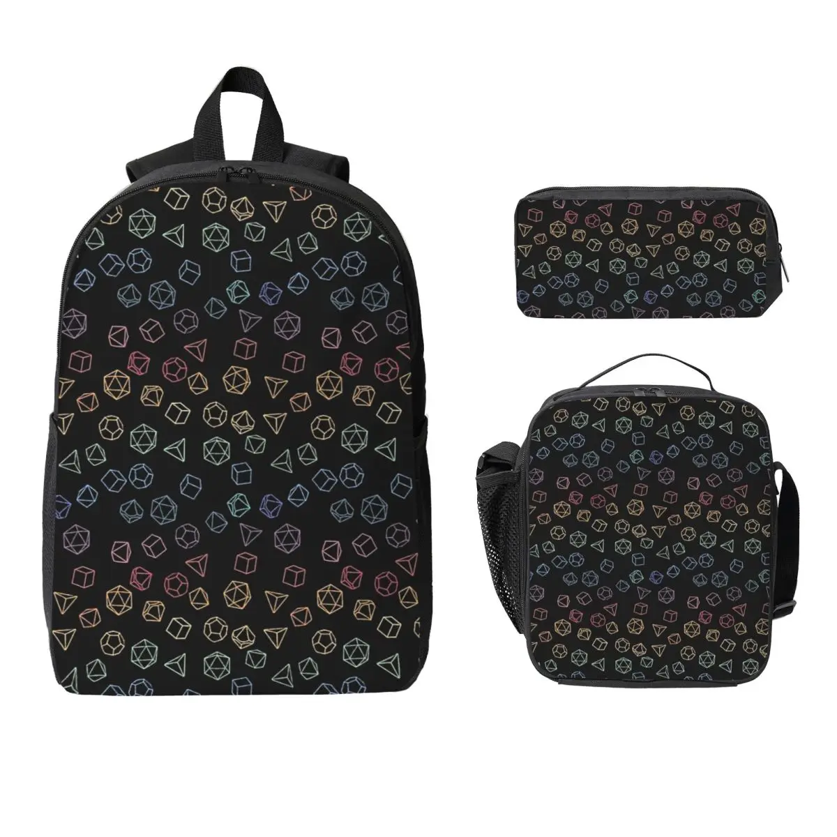 

DnD Dice Rainbow On Black Pattern Comforter Backpack Student Boys Girls BookBag School Bag 3ps Insulated Lunch Bag Pencil Case