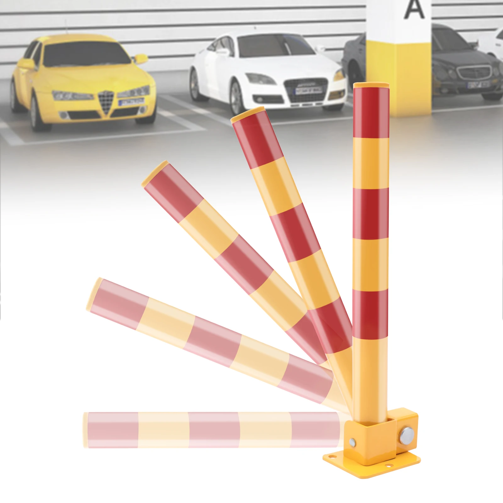 Barrera de estacionamiento Cerradura de estacionamiento Pila de obstáculos de estacionamiento plegable de metal pesado con rayas de advertencia, pilas de estacionamiento