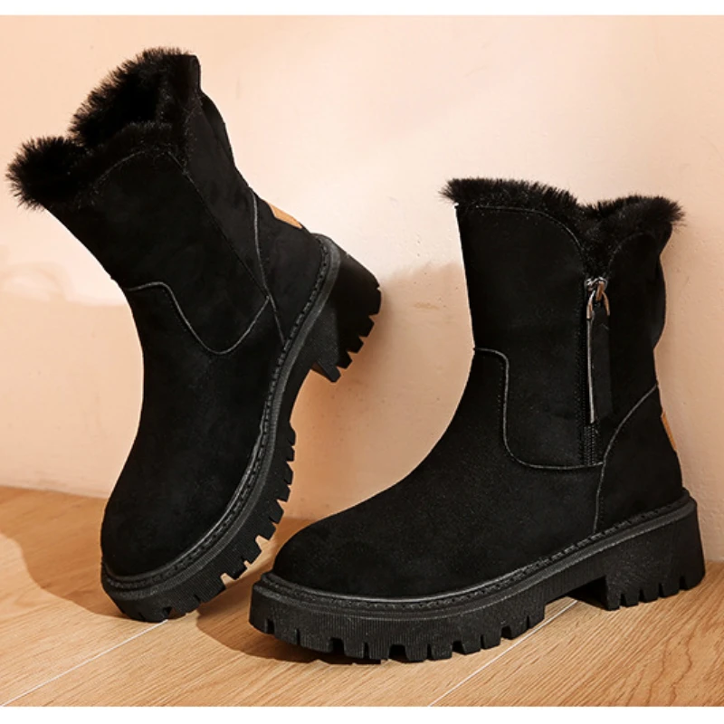 Leather Women\'s Snow Boots Plush Warmth Casual Cotton Boots Zipper Anti-slip Fangen Womens Boots Fake Fur Fashion Nude Boots