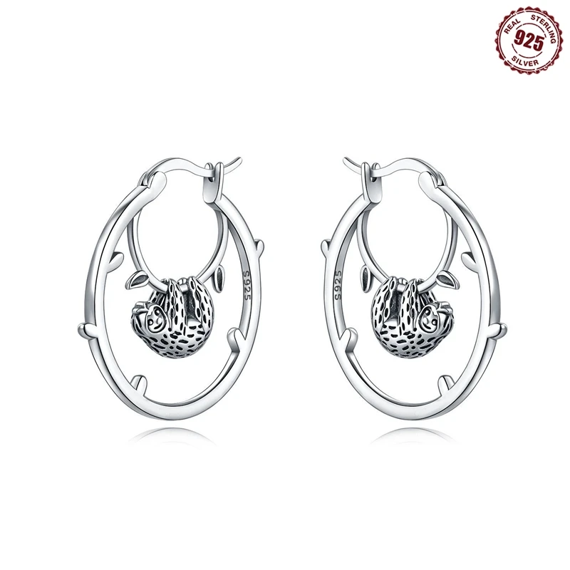 Real 925 Sterling Silver Hoop Earrings Animals Sloth Big Earrings For Women Engagement Wedding Party Birthday Jewelry Gift