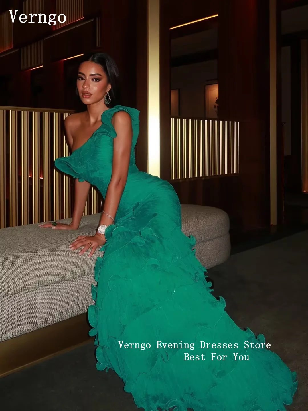 Verngo Elegant Green Chiffon Evening Dress One Shoulder Mermaid Tiered Silk Pleated Party Dress Wedding Guest Dress Customized