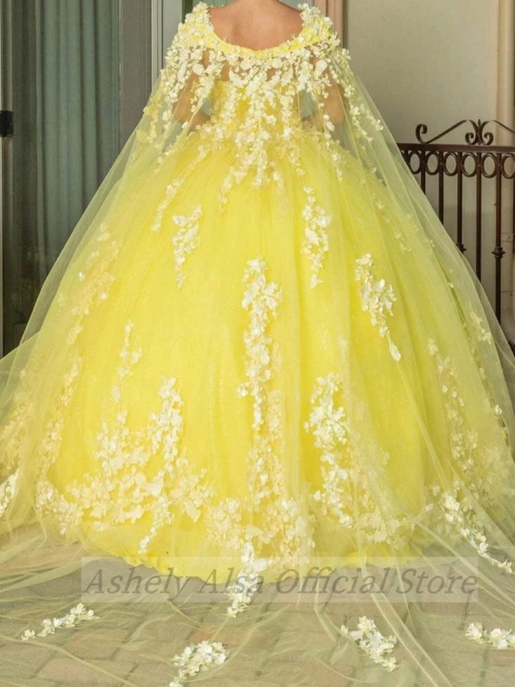 Customized Yellow Prom Dresses With Wrap Flower Applique Puffy Sweet 16 Girl Birthday Party Gown vestidos de 15 quinceañera 2024