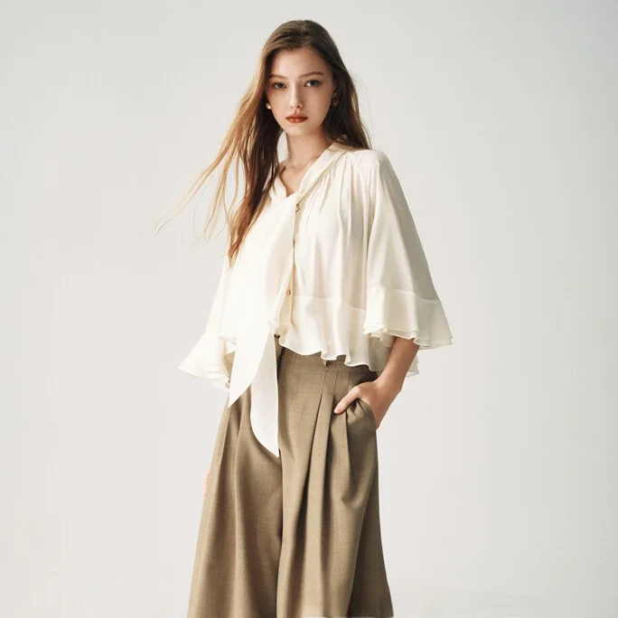 Ele V-ne Plissee irt Damen Faion Commute Sle Koreanische Version Pure Color Long Sve Button Detail Bluse