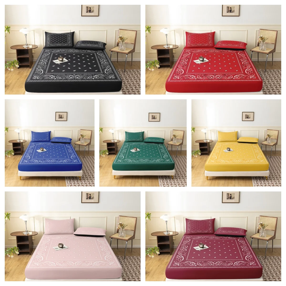 3pcs Black White Paisley Fitted Sheet Set, Classic Bandana Style Bedding,For Home Bedrooms And Dormitories Mattress Protector