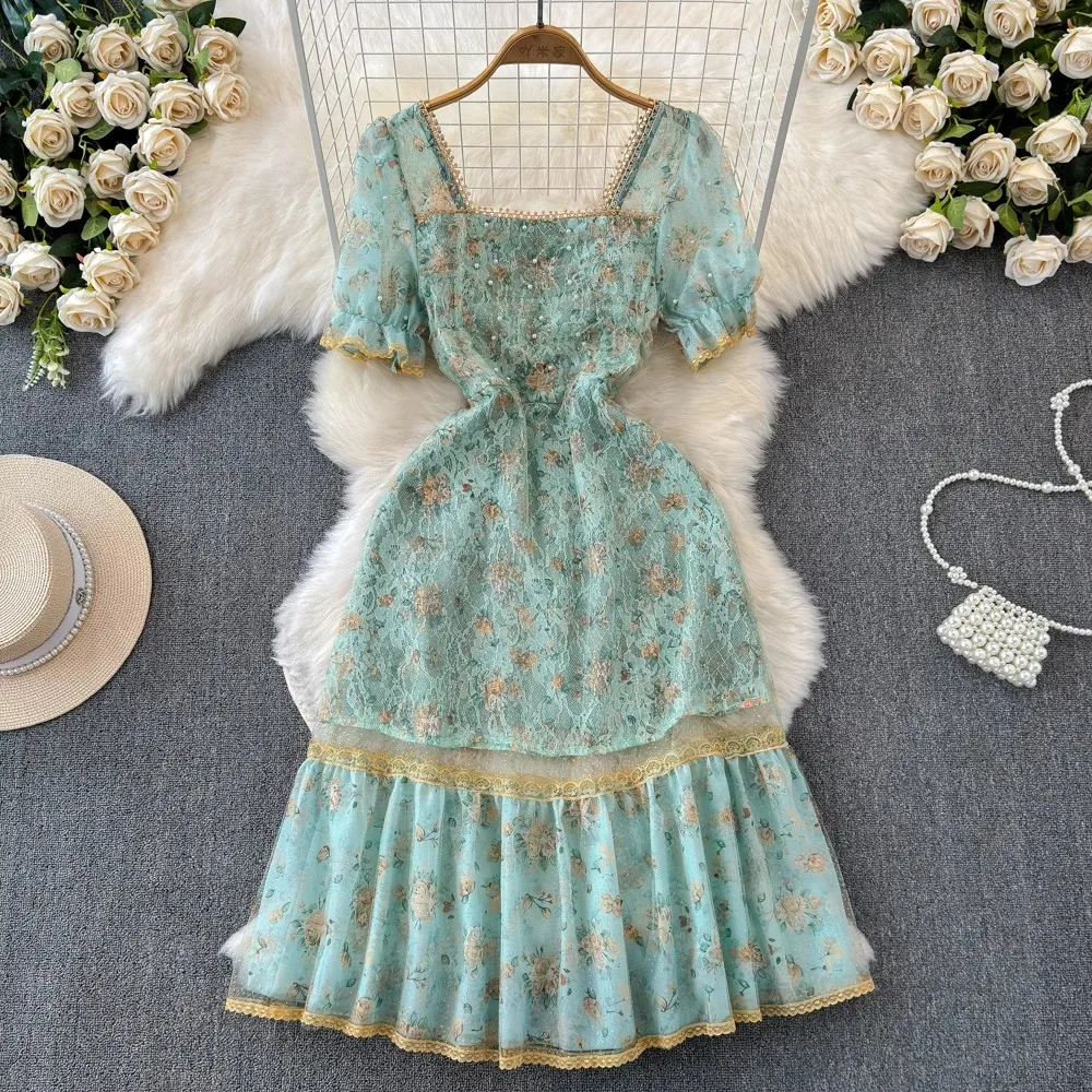 

Summer Sweet Flower Sequins Beaded Embroidery Ruffles Dress Women's Square Collar Flare Sleeve Slim Midi Party Mesh Vestidos