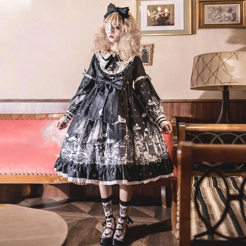 Plus Size 4XL 140kg Autumn Lolita Dress Women Long Sleeve High Waist Black Dark Dresse Butterfly Princess Print Dress