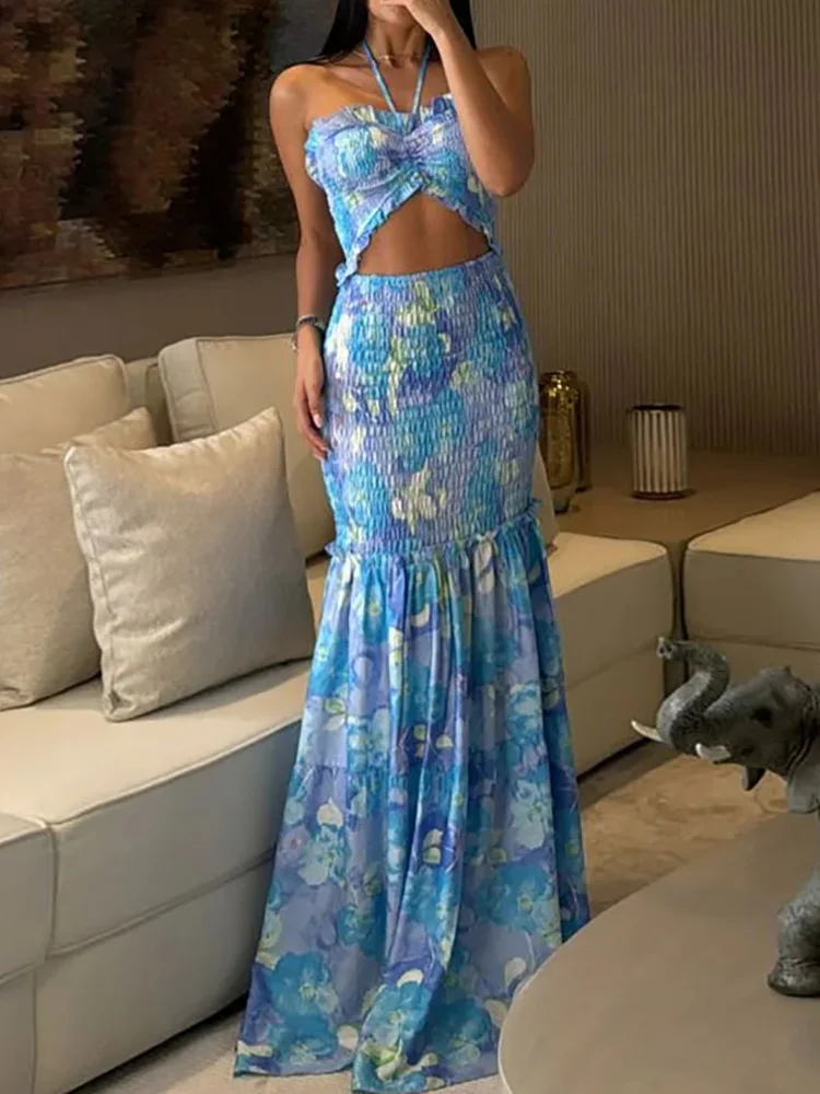 

Women Summer Strapless Sleeveless Chic Maxi Dress, Printed Patchwork Slim Fit Party Dress, 2025 Casual Hollow Out Ladies Dress