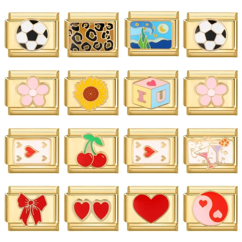 روابط إيطالية بتصميم زهرة الشمس والقلب والكرز وكرة القدم والفهد بلون ذهبي تناسب أساور 9 مم من الفولاذ المقاوم للصدأ للرجال والنساء لصنع الهدايا يدويًا - 2