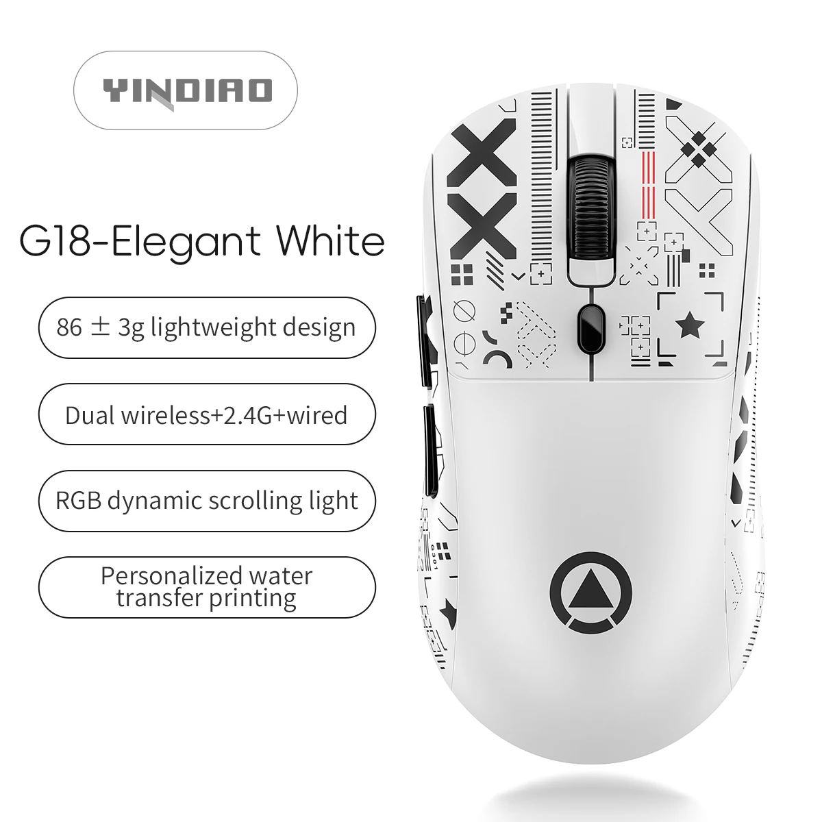 

YINDIAO G18 Gaming Mouse - third-Mode Wireless/Wired/BT, Adjustable DPI, Ultra-Light Ergonomic Design for Competitive Gamers