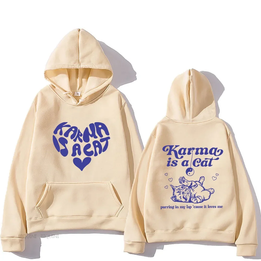 The Eras Tour Karma Is A Cat Essentials Hoodies Men Kawaii/Cute Animals Printed Sweatshirts Manga Streetwear Pullovers Polyester