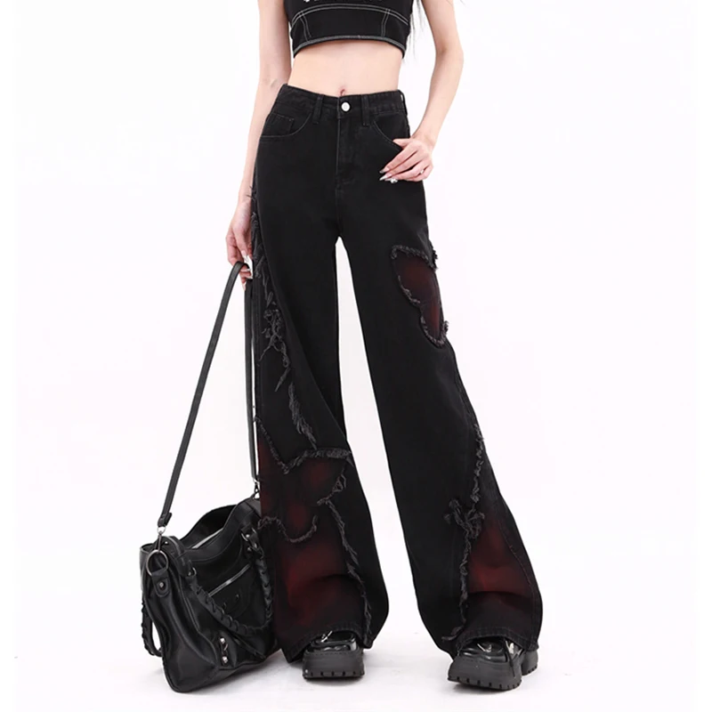 Y2K Black Women Jeans Harajuku High Waist Aesthetic Butterfly Straight Denim Pants Female Korean Vintage Wide Leg Denim Trouser