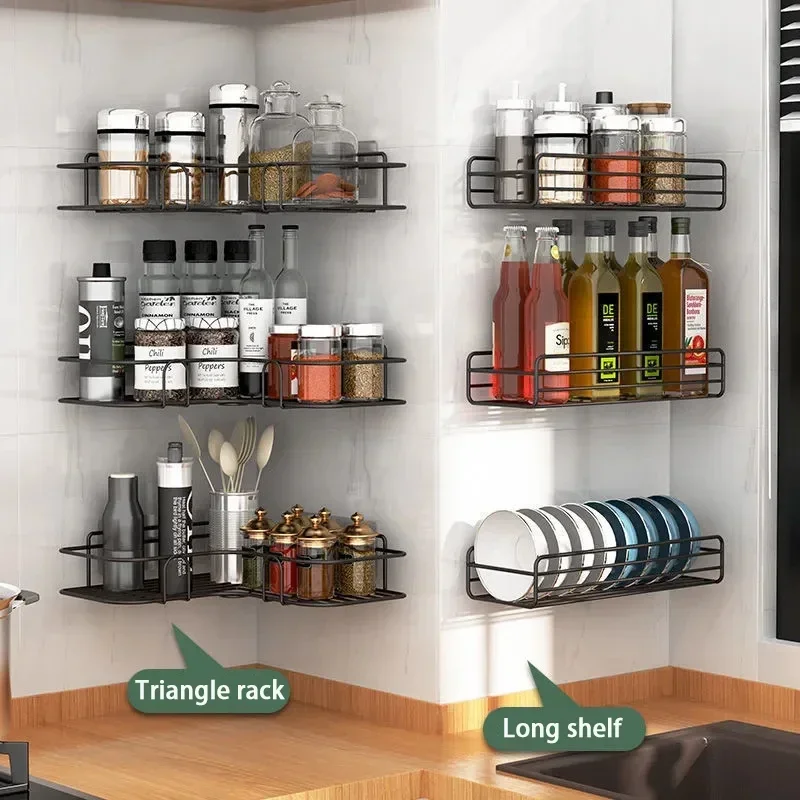 

New Kitchen Shelf Drill-Free Metal Shelf Wall Mounted Spice Organizer Kitchen Multifunctional Corner Shelf Kitchen Accessories