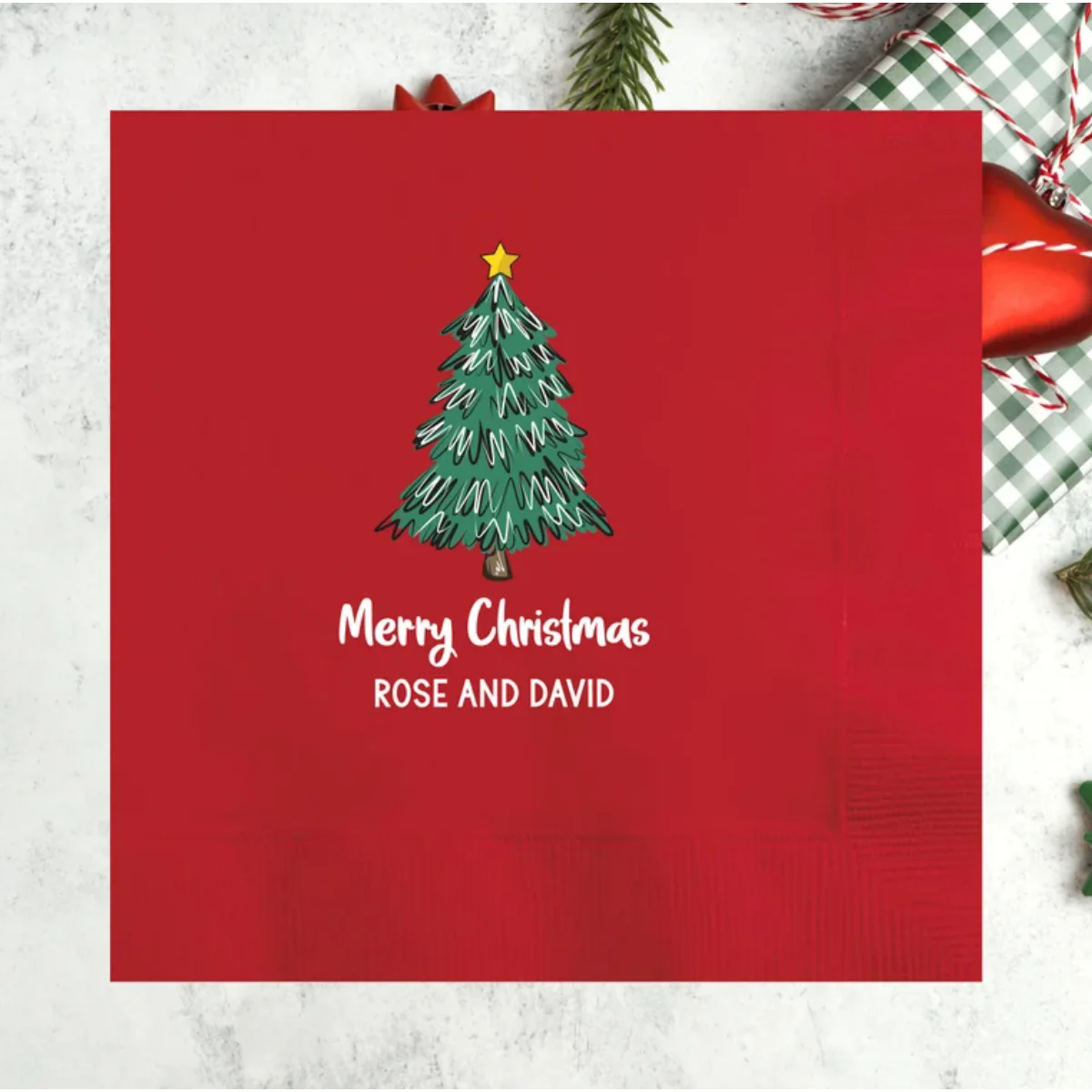 Personalized Merry Christmas Christmas Cocktail Napkins, Custom Xmas Pine Tree, Full Color Printed Holiday Dinner, 2023 Festive