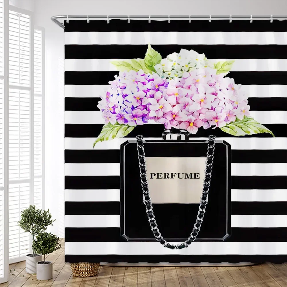 Pink Perfume Bottle Shower Curtain Hello Gorgeous Makeup Black and White Stripe Fashion Art Bathroom Curtain Polyester Fabric