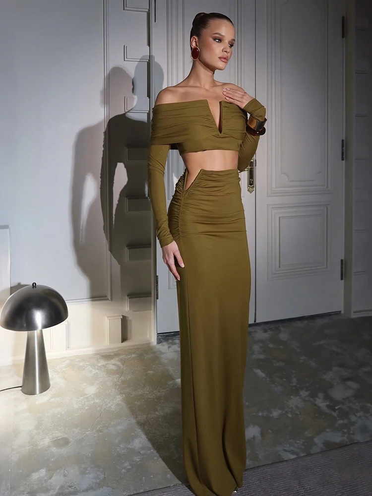 클리우 캐주얼 엘레강스 투피스 세트 여성 V넥 메탈 슬래시넥 긴팔 크롭탑+엘라스틱 웨이스트 롱 스커트 심플 베이직 슈트