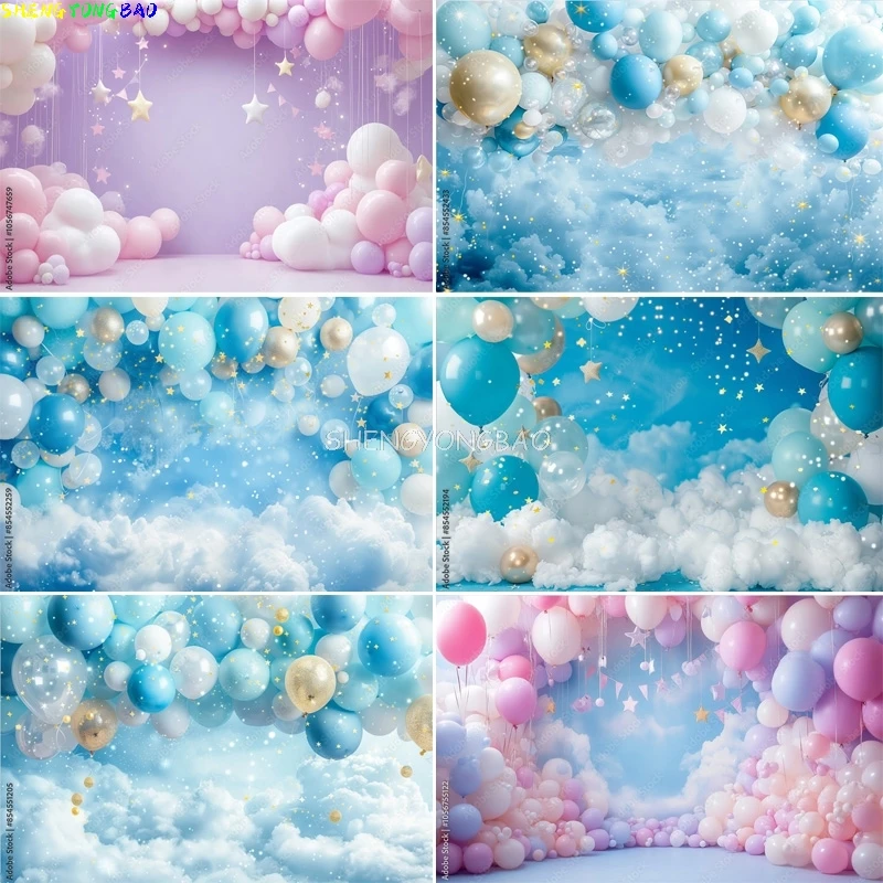 

Soft-hued Balloon Garland With Moon And Stars Photography Backdrops First Birthday Party Decor Photo Studio Background FW-02