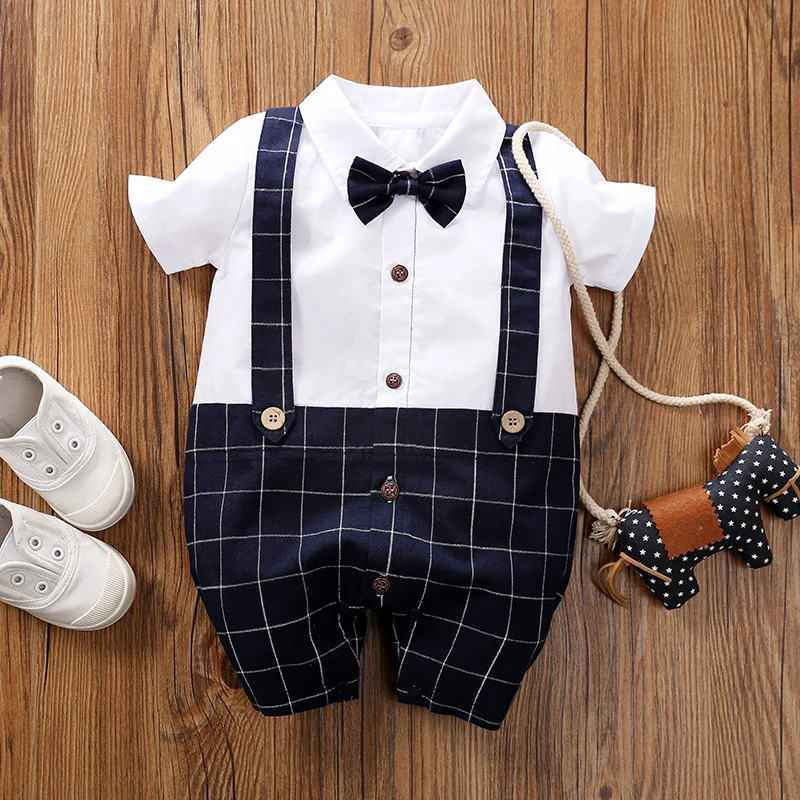 Summer shirt  sleeved plaid fake two-piece shoulder strap pants baby jumpsuit made of pure cotton