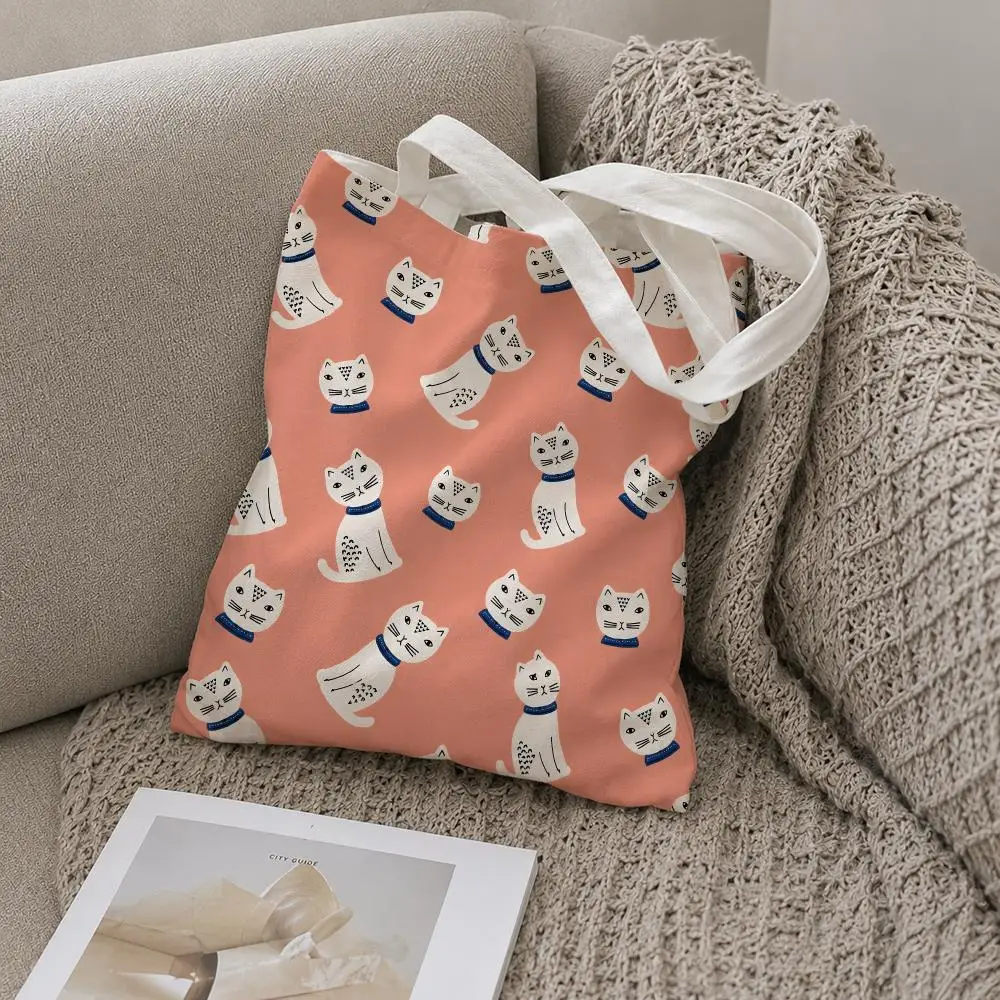 Peach Kitty Pattern Storage Bags 1pc Canvas Tote Bag Reusable Shopping Shoulder Bag For Women Daily Use