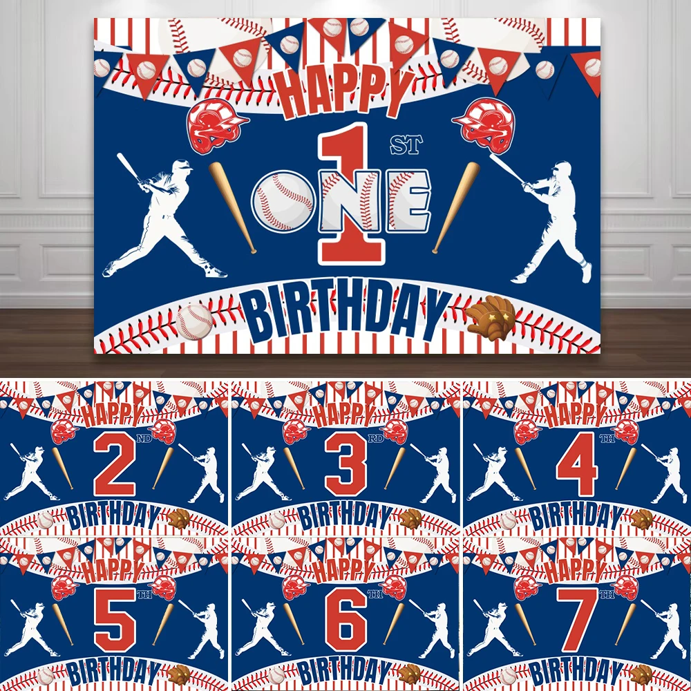 

Baseball Theme Baby Birthday Photography Backdrop Blue Red Helmet Ball White Stripe Sports Party Decor Background Photo Studio
