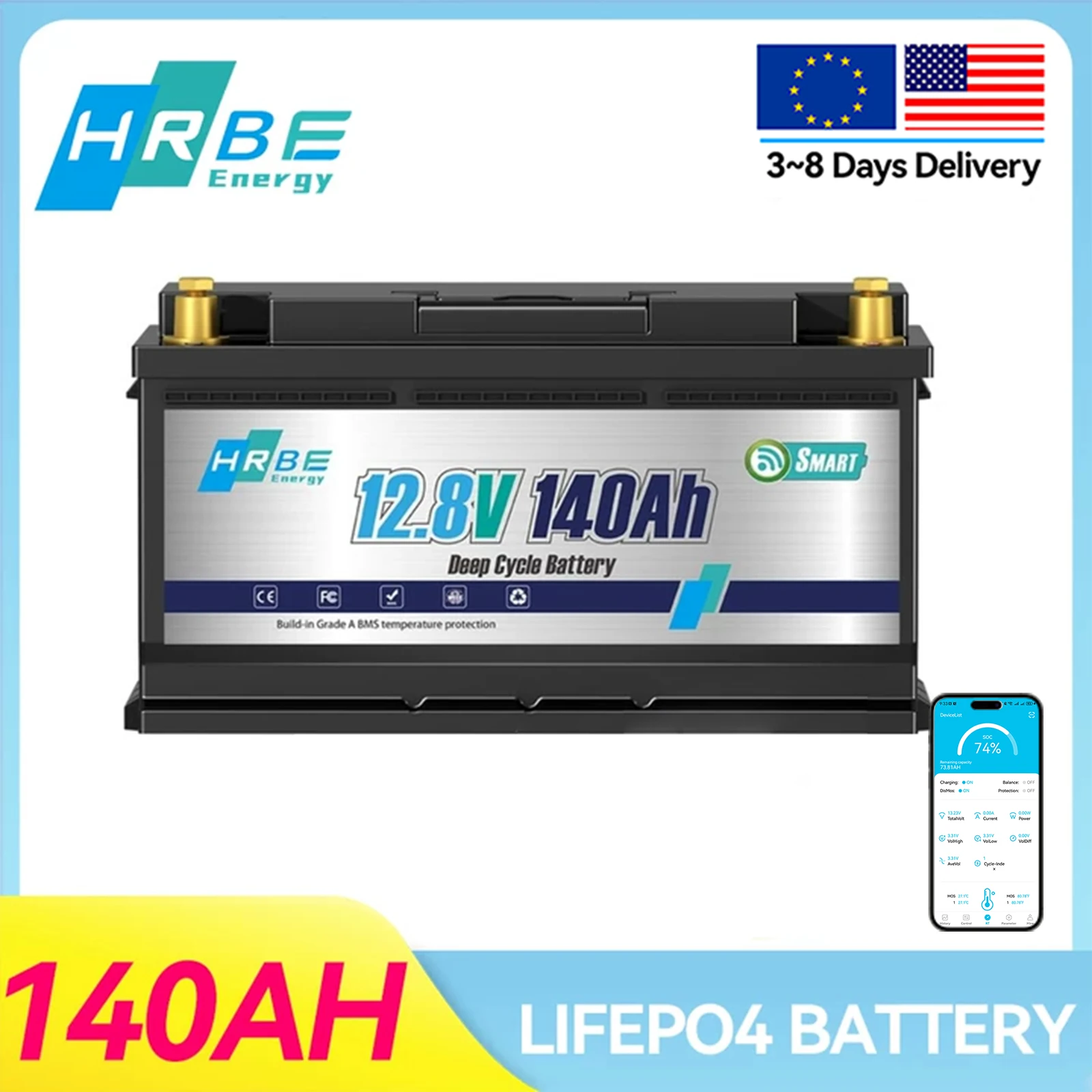 HRBEEnergy 12V 140Ah Bluetooth LiFePO4 Lithium Battery,Low-Temp Protection,Rechargeable Battery for Marine,Trolling Motor,Solar