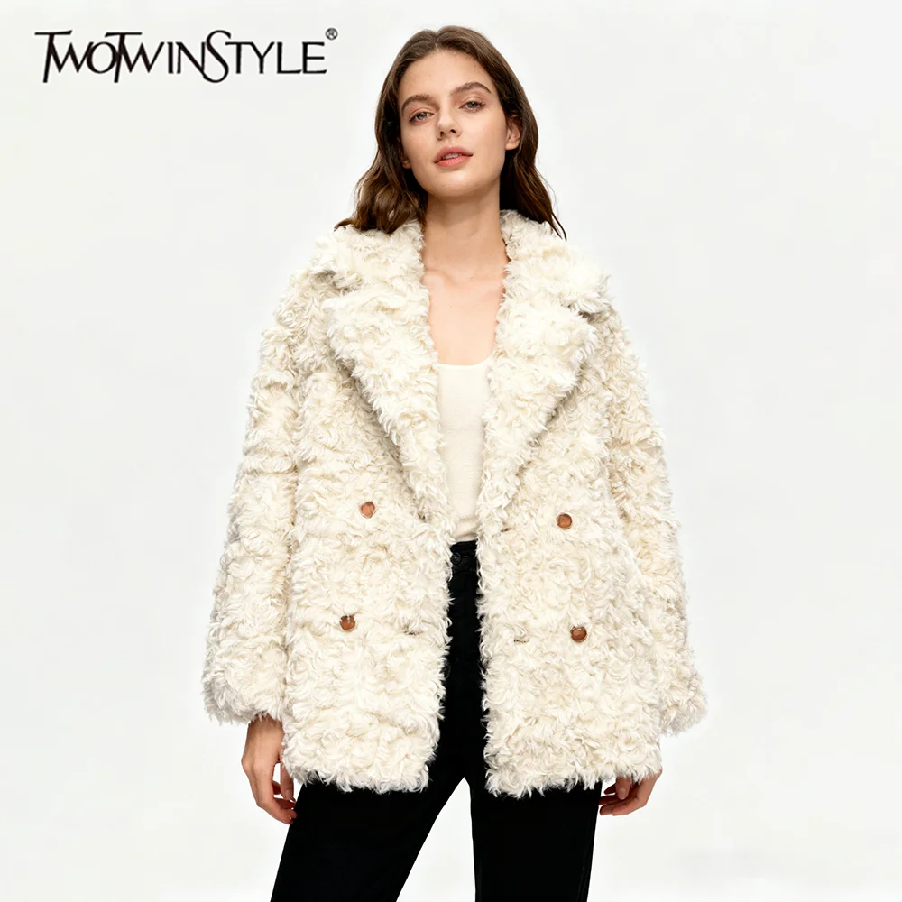 

TWOTWINSTYLE Solid Spliced Buttons Casual Jackets for Women Lapel Long Sleeves Patchwork Flocking Elegant Jacket Female Clothing