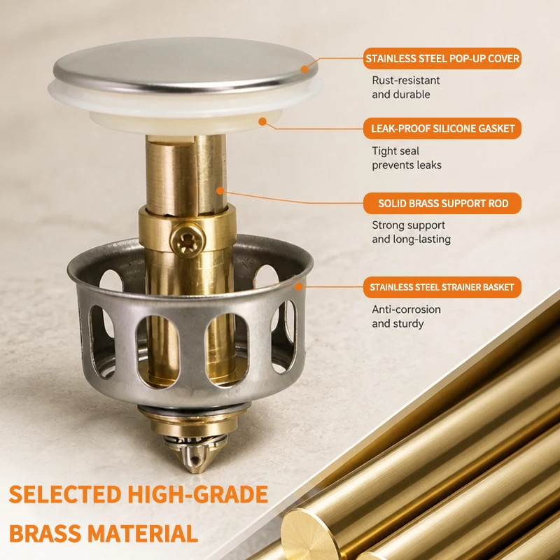 Universal Stainless Steel Pop-up Basin Drain Filter Anti-clog Basket Sink Stopper Bathroom Bathtub Plug Replacement Part
