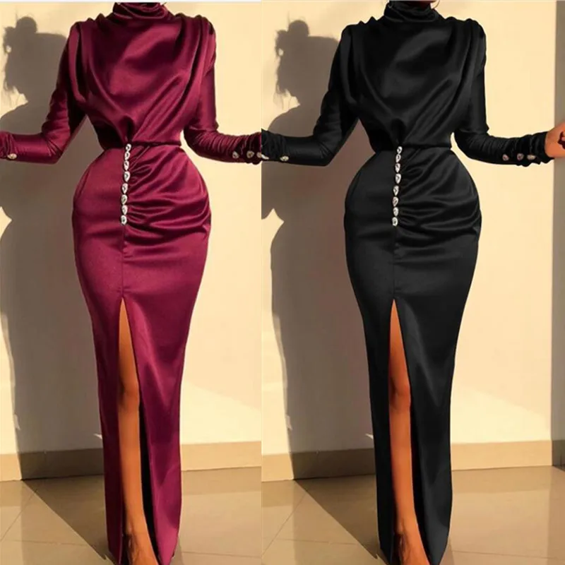 

SKMY Women Clothing Long Sleeve Sexy Split Long Dress Diamonds Turtleneck High Waist Solid Color Bodycon Dress Party Clubwear