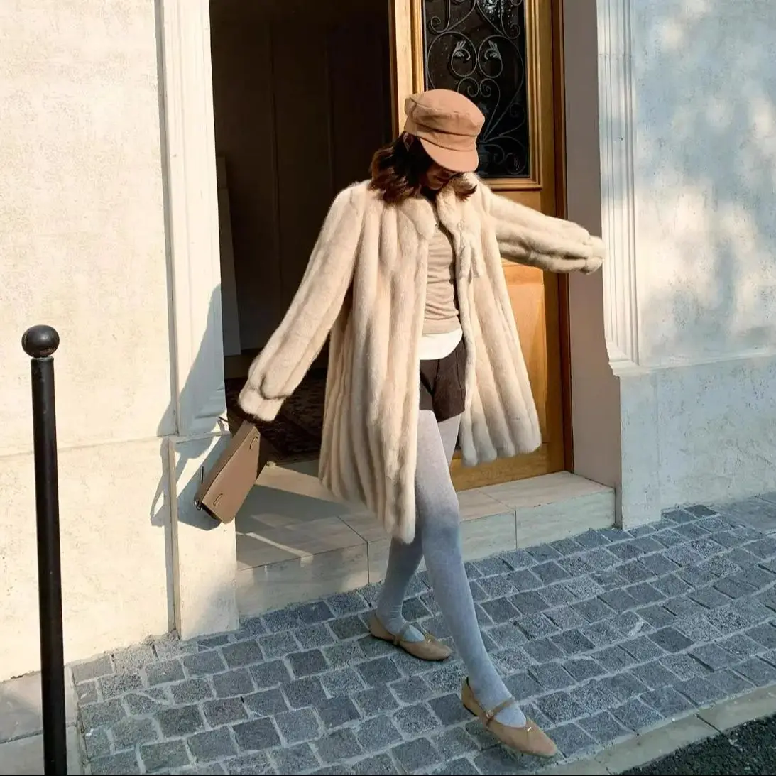 New Winter Embossing Stripes Line Pattern Faux Mink Fur Coat CHIC Women Stand Collar Long Lantern Sleeve Midi Outerwear Warm