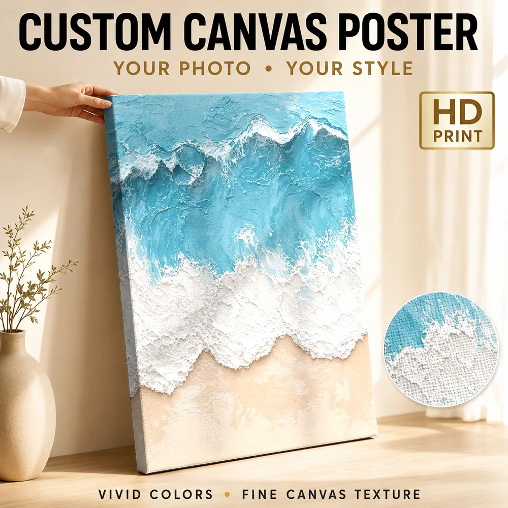 Turquoise Surf On Peach Sand Canvas Poster Personalized Photo Textured Effect Illustration Wall Art For Coastal Cottage Lounge