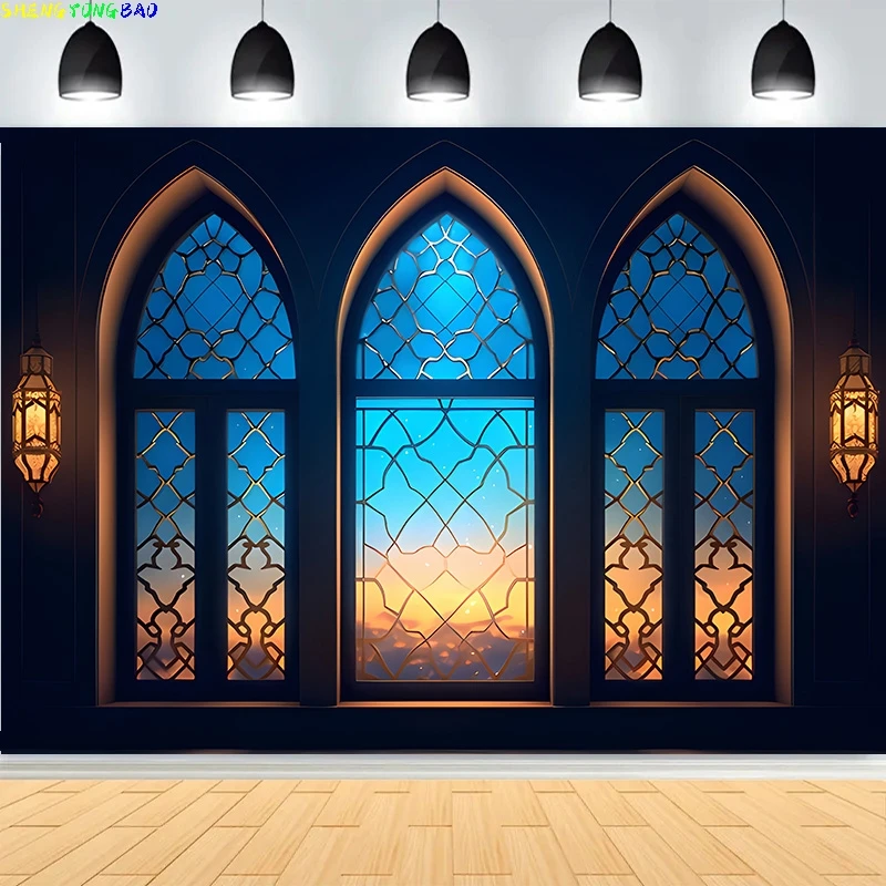 Ramadan eid kareem mubarak islâmico ano novo lua lanternas fundo palácio árabe velas mesquita fotografia cenários EI-05