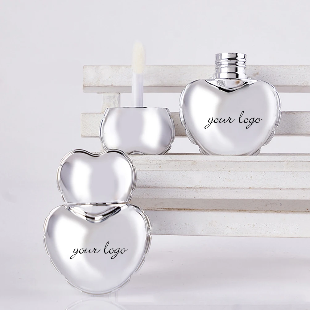 

7ml Private Label Empty Lipstick Tube Custom Logo Silver Heart Shape Lipgloss Bottle Makeup Tubes Cosmetic Packaging Wholesale
